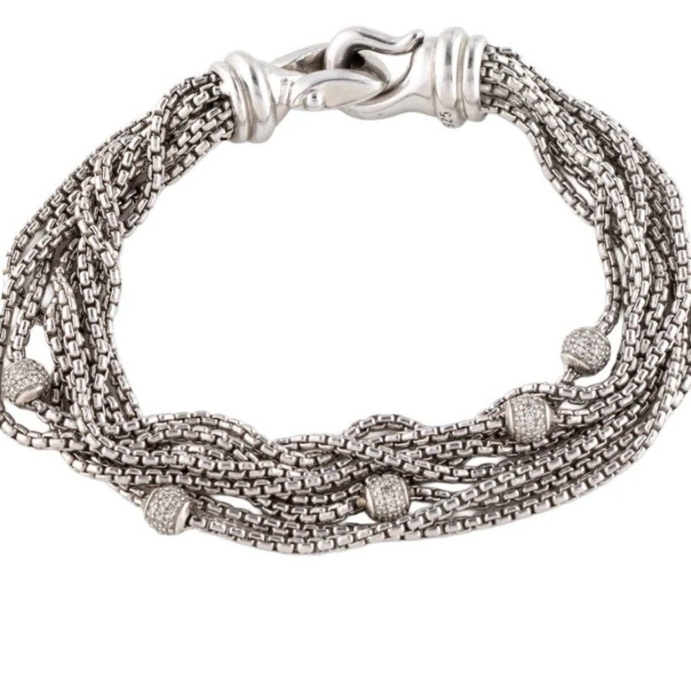 David Yurman Sterling & Gold Multi-Strand Bracelet w/Diamond Pave Balls!